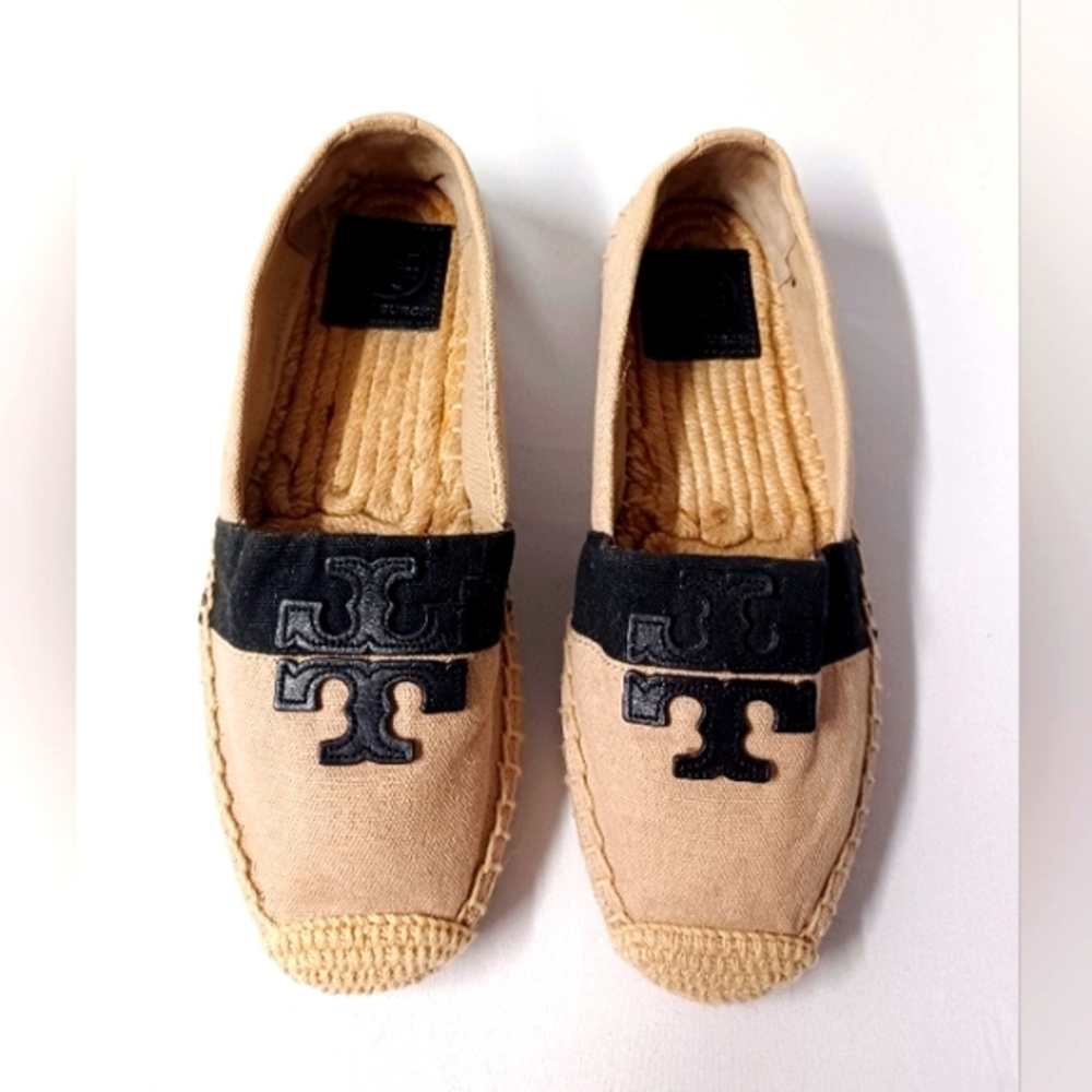 Tory Burch Weston Flat Espadrilles Canvas & Jute w/ Leather Logos Women's 6 NWOT